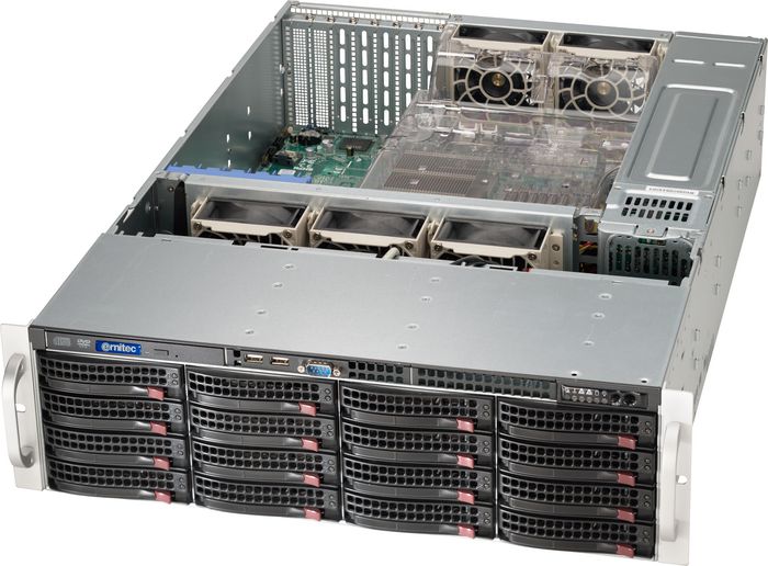 Ernitec 3U 16 Bay Server, i7 9700 3.0/4.7GHz. 64GB, 2x250GB SSD RAID1. HW RAID5 Usable 140TB. BBU. 2xPSU. Se - W126742990