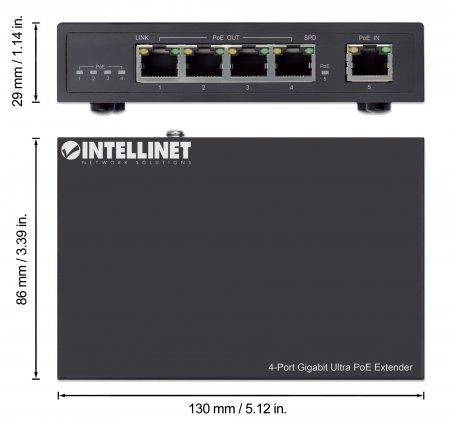 Intellinet 4-Port Gigabit Ultra Poe Extender, Adds Up To 100 M (328 Ft.) To Poe Range, 90 W Poe Power Budget, Four Pse Ports With Up To 30 W Output, Ieee 802.3Bt/At/Af Compliant, Metal Housing - W128288898