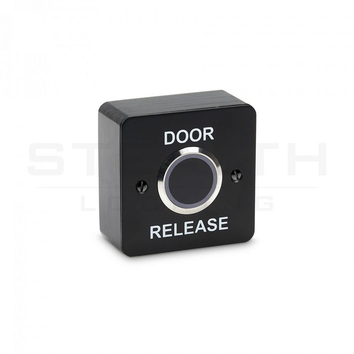 STP Surface contactless exit button with adjustable timer and read range in stealth black with white DOOR RELEASE - W128487324